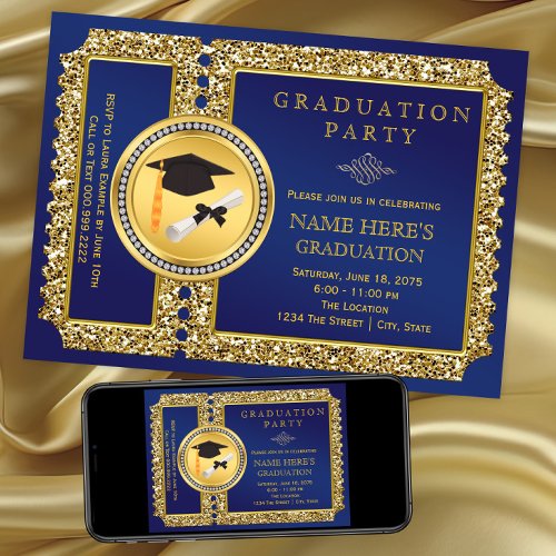 Royal Blue and Gold Graduation Invitation