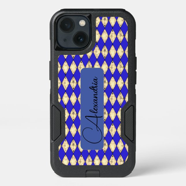 Royal Blue and Gold Harlequin Personalized Otterbox iPhone Case (Back)