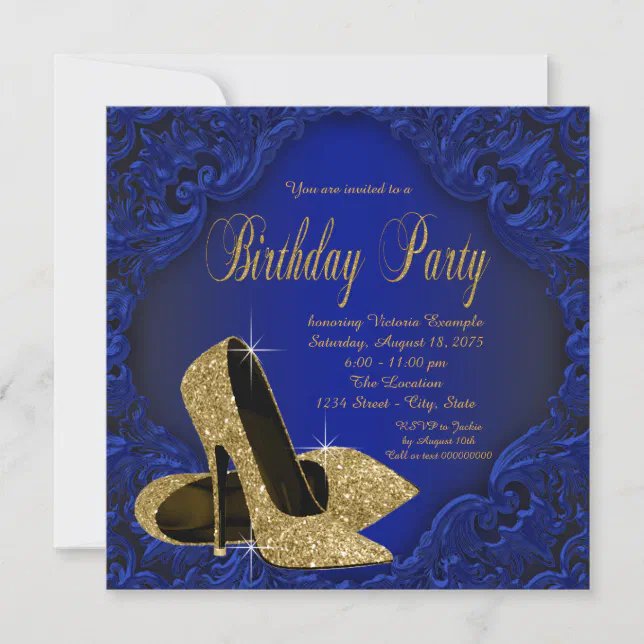 Royal Blue and Gold High Heels Birthday Party Invitation | Zazzle