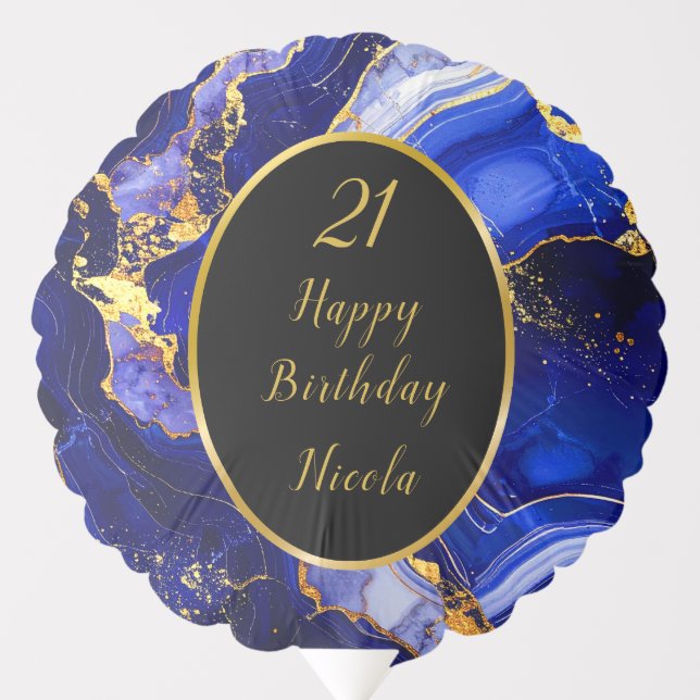 Royal Blue and Gold Marble Agate Birthday Party Balloon (Front)