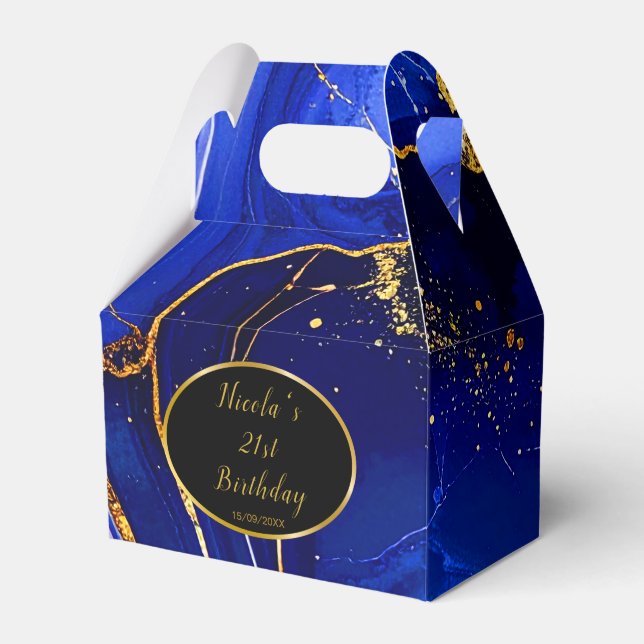 Royal Blue and Gold Marble Agate Birthday Party Favor Boxes (Front Side)