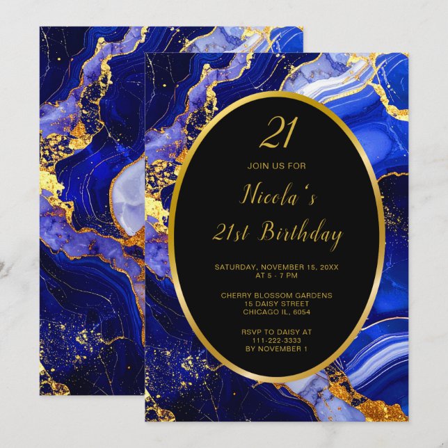 Royal Blue and Gold Marble Agate Birthday Party Invitation (Front/Back)