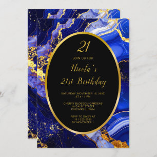 Royal Blue and Gold Marble Agate Birthday Party Invitation