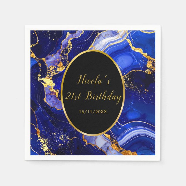 Royal Blue and Gold Marble Agate Birthday Party Napkins (Front)