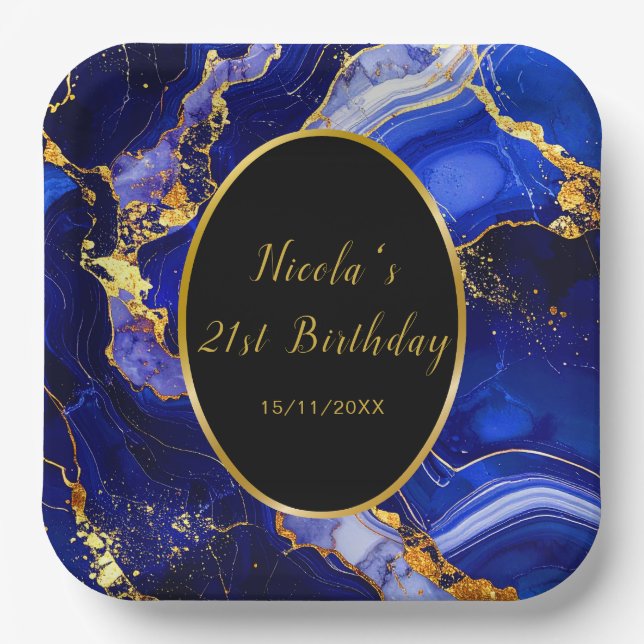Royal Blue and Gold Marble Agate Birthday Party Paper Plates (Front)