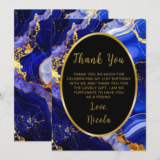 Royal Blue and Gold Marble Agate Birthday Party Thank You Card (Front/Back)