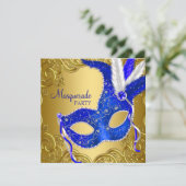 Royal Blue and Gold Masquerade Party Invitation (Standing Front)