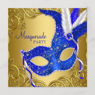 Royal Blue and Gold Masquerade Party Invitation