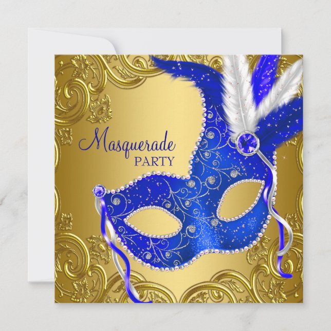 Royal Blue and Gold Masquerade Party Invitation (Front)