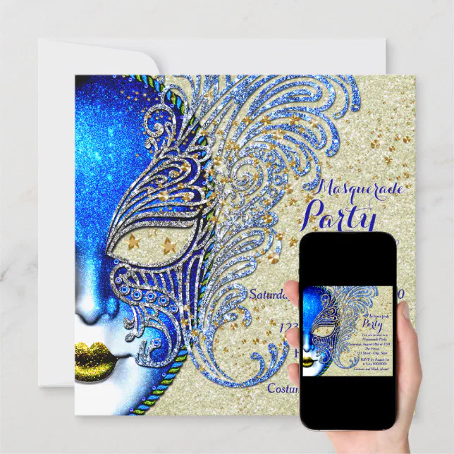 Royal Blue And Gold Masquerade Party Invitation Zazzle