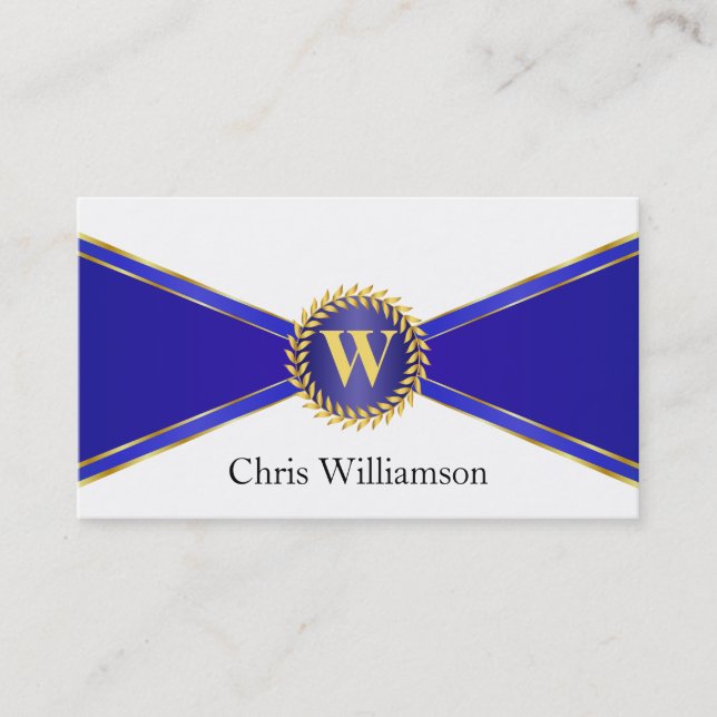 Royal Blue and Gold Monogram Business Card (Front)