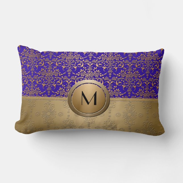 Royal Blue and Gold Monogram Damask Lumbar Pillow (Front)