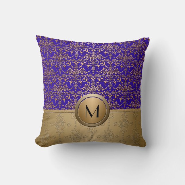 Royal Blue and Gold Monogram Damask Throw Pillow (Front)