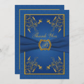 Royal Blue and Gold Monogram Thank You Card (Front/Back)