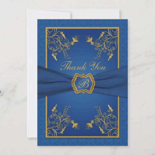 Royal Blue and Gold Monogram Thank You Card