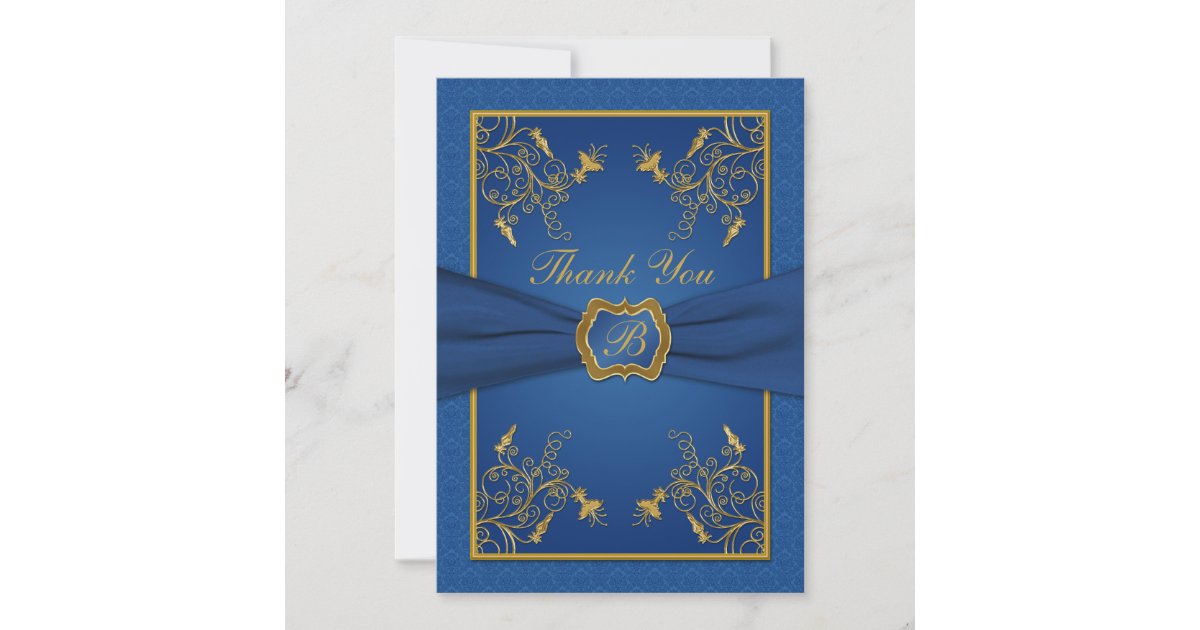 Royal Blue and Gold Monogram Thank You Card | Zazzle