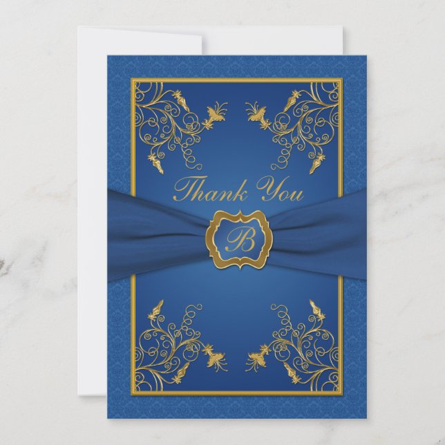 Royal Blue and Gold Monogram Thank You Card (Front)
