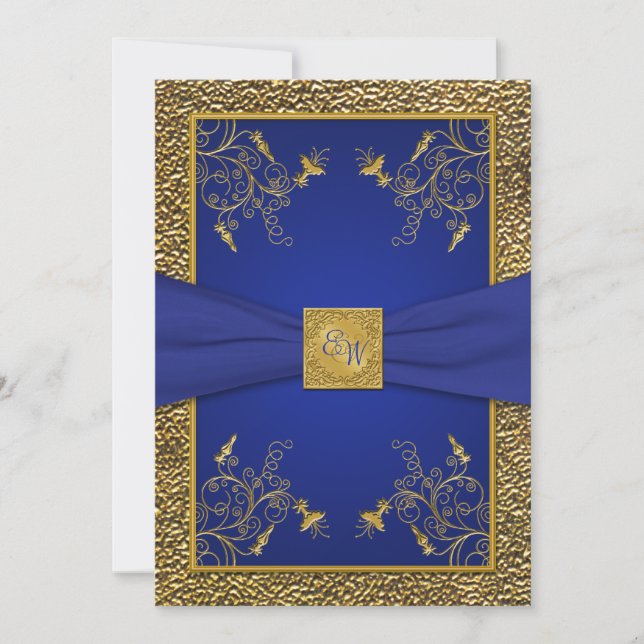 Royal Blue and Gold Monogram Wedding Invitation (Front)