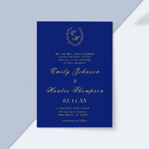 Royal Blue and Gold Monogram Wreath Wedding Invitation
