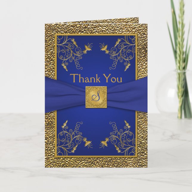 Royal Blue and Gold Monogrammed Thank You Card (Front)