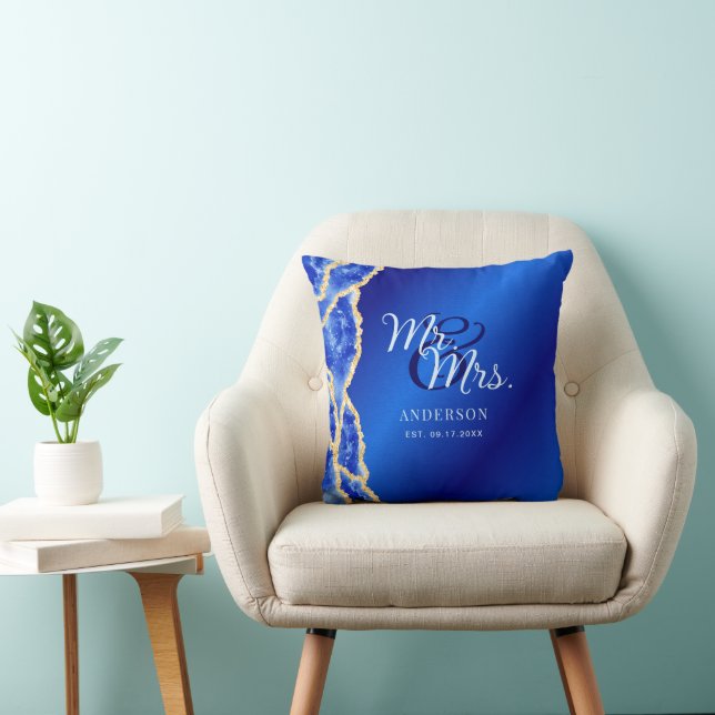 Royal Blue and Gold Newlyweds Family Name Mr & Mrs Throw Pillow (Chair)