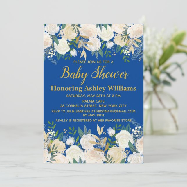 Royal Blue and Gold Oh Baby Shower Invitations Boy (Standing Front)