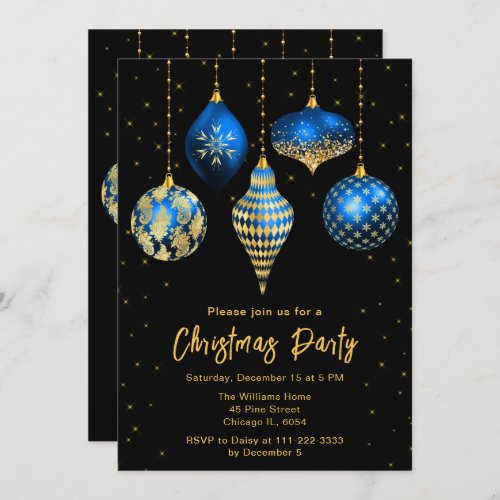 Royal Blue and Gold Ornaments Christmas Party Invitation