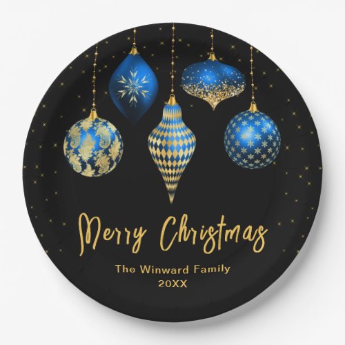 Royal Blue and Gold Ornaments Merry Christmas Paper Plates