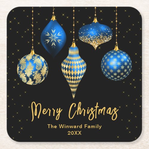 Royal Blue and Gold Ornaments Merry Christmas Square Paper Coaster