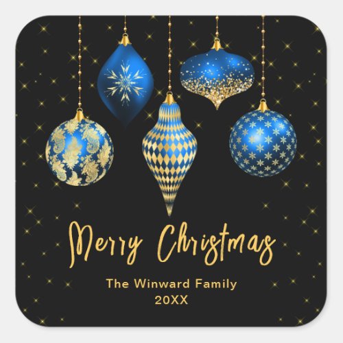 Royal Blue and Gold Ornaments Merry Christmas Square Sticker