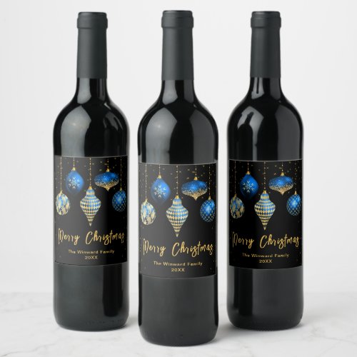 Royal Blue and Gold Ornaments Merry Christmas Wine Label