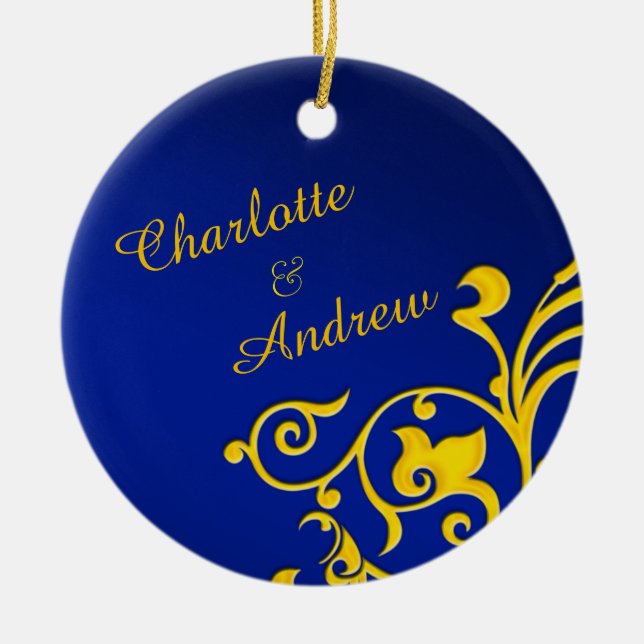 Royal Blue and Gold Personalized Names Ceramic Ornament (Front)