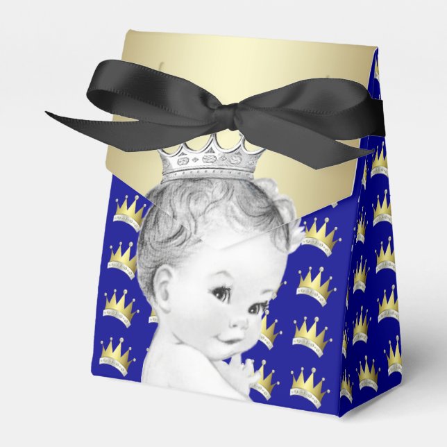 Royal Blue and Gold Prince Baby Shower Favor Boxes (Front Side)