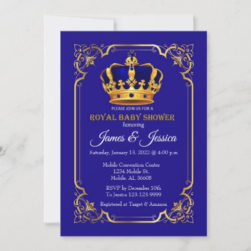 Royal Blue and Gold Prince Baby Shower Invitation