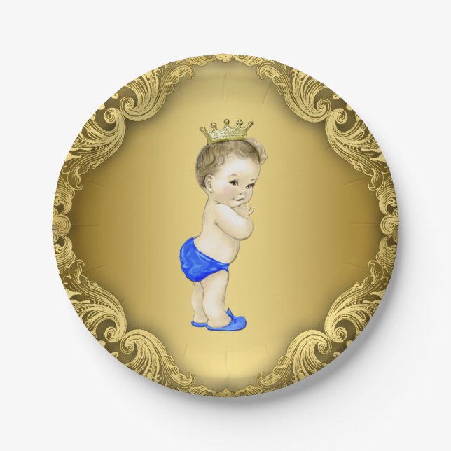 Royal Blue and Gold Prince Baby Shower Paper Plates (Front)