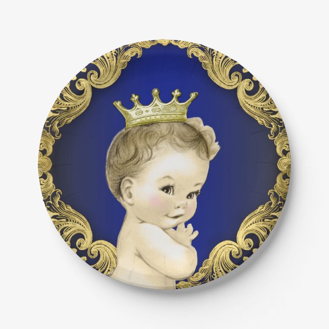 Royal Blue and Gold Prince Baby Shower Paper Plates (Front)