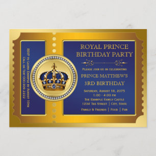 Royal Blue and Gold Prince Birthday Party Invitation