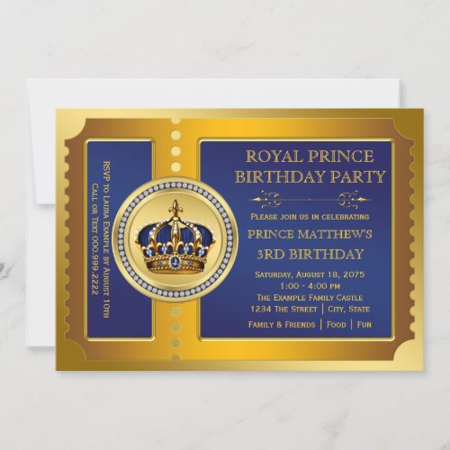 Royal Blue and Gold Prince Birthday Party Custom Announcements