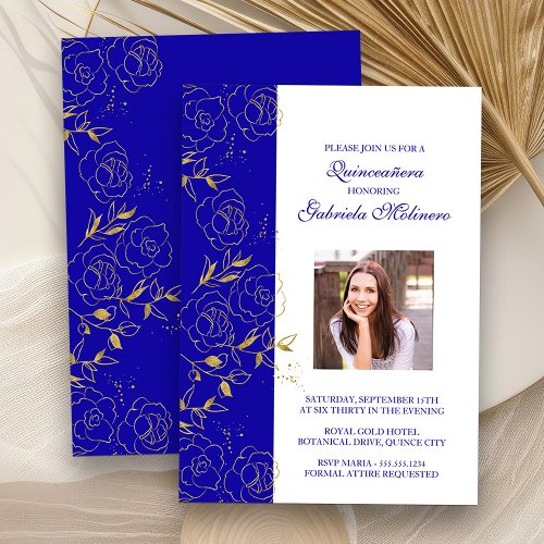 Royal Blue and Gold Quinceanera Elegant Photo Invitation