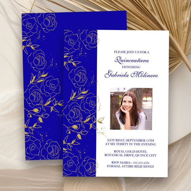Royal Blue and Gold Quinceanera Elegant Photo Invitation (Quinceanera Photo Invitation from my Elegant Gold Flowers Quinceanera Collection)