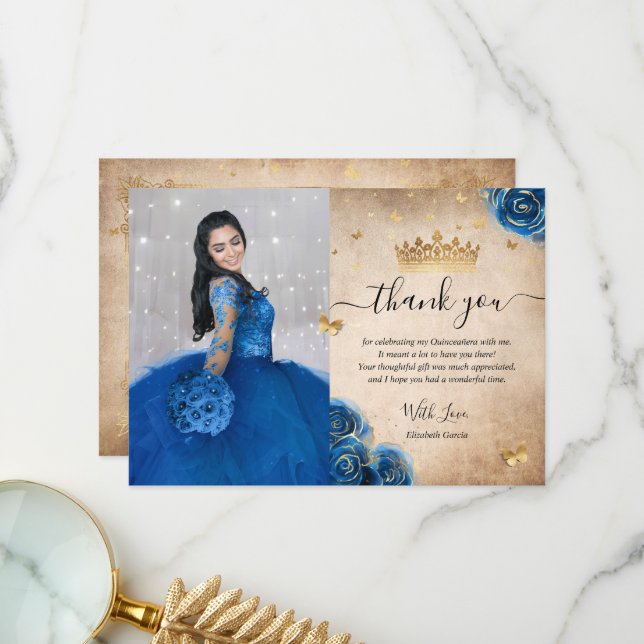 Royal Blue and Gold Quinceañera Photo Birthday Thank You Card (Front/Back In Situ)