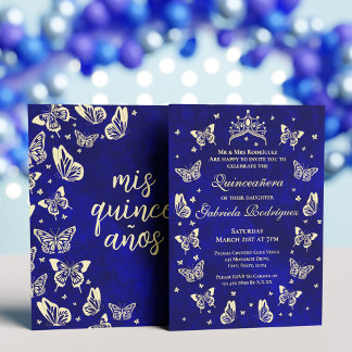 Royal Blue and Gold Quinceañera Tiara Butterfly Invitation