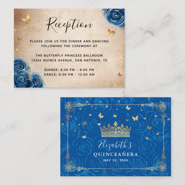 Royal Blue and Gold Rose Elegant Details Enclosure Card (Front/Back)