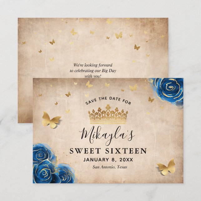 Royal Blue and Gold Rose Parchment Elegant Save The Date (Front/Back)