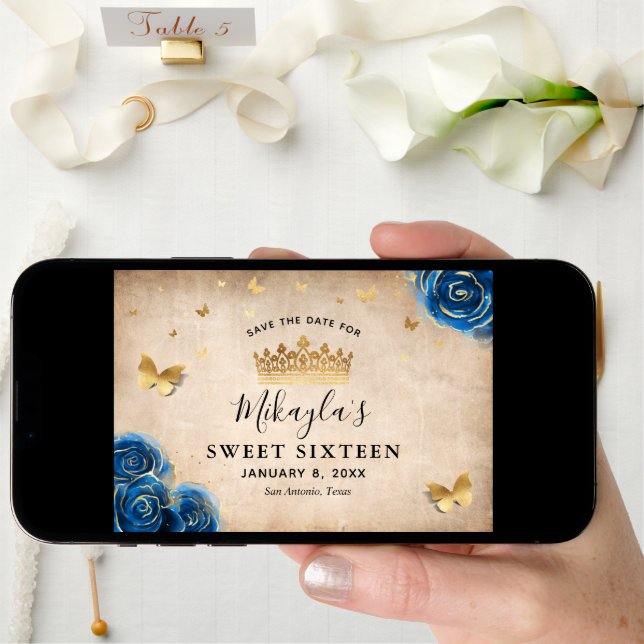 Royal Blue and Gold Rose Parchment Elegant Save The Date (Front Digital)