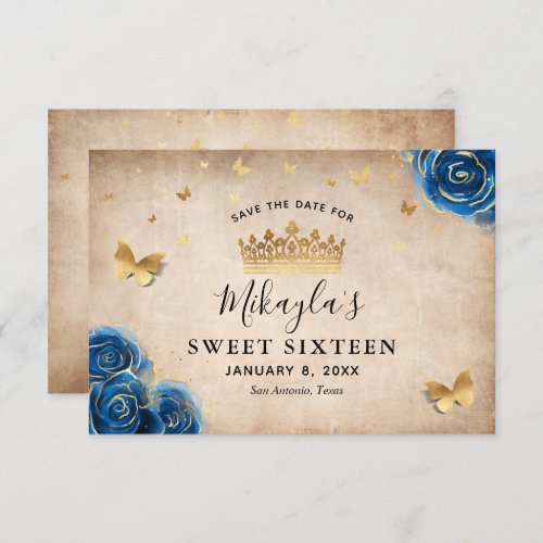 Royal Blue and Gold Rose Parchment Elegant Save The Date