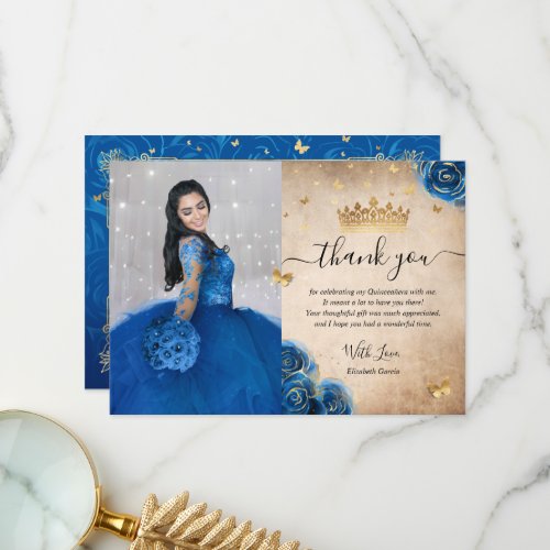 Royal Blue and Gold Roses Quince Photo Birthday Thank You Card