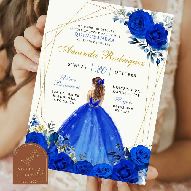 Royal blue and Gold Royal Crown Mexican Princess Invitation (Creator Uploaded)