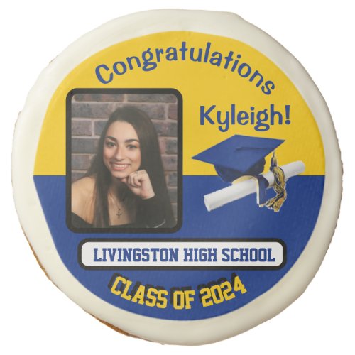 Royal Blue and Gold Small Photo Graduation Sugar Cookie