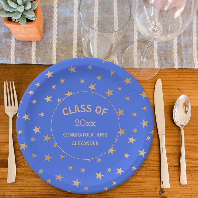 Royal blue and Gold Stars graduation party Paper Plates (Creator Uploaded)